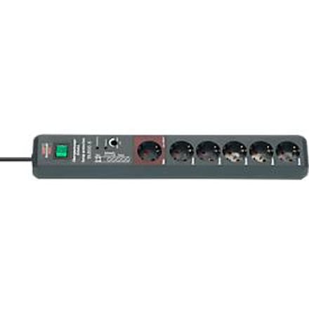 Brennenstuhl Secure-Tec 6-voudige contactdoosstrook, veiligheidsschakelaar, automatisch schakelsysteem, overspanningsbeveiliging tot 19.500 A, 3 m kabel, L 485 x B 65 x D 105 mm, antraciet