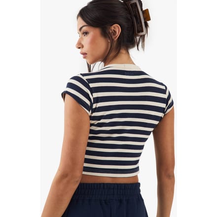 Dames DSGN Studio Gestreepte Top met Knoopdetail en Korte Mouwen | Marineblauw | Maat: 3XL