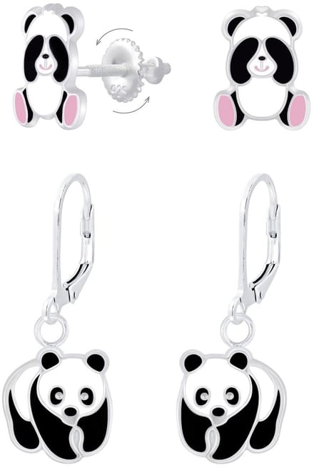 Joy|S - Zilveren Panda oorbellen set - 2 paar - leverback sluiting - screwback sluiting