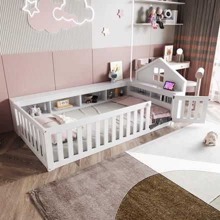 Kinderbed - 90 x 200 cm - Met Dakframe en Raam - Opbergvak en Hek - Massief Hout - Wit