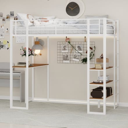 MODFU Hoogslaper – Wit metalen frame – Met bureau & trap aan beide zijden plaatsbaar – Ruimtebesparend