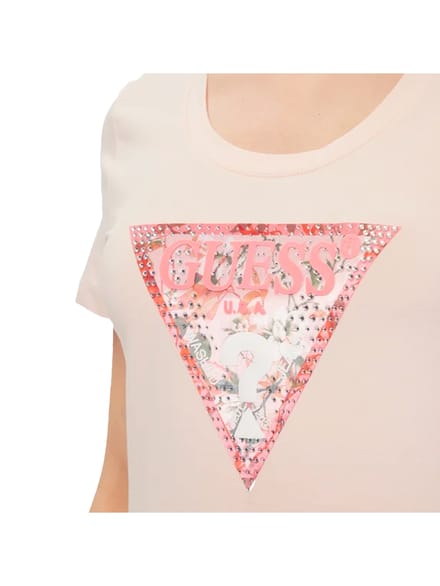 Guess SS RN Satin Triangle Tee Dames T-Shirt - Wanna Be Pink - Maat S