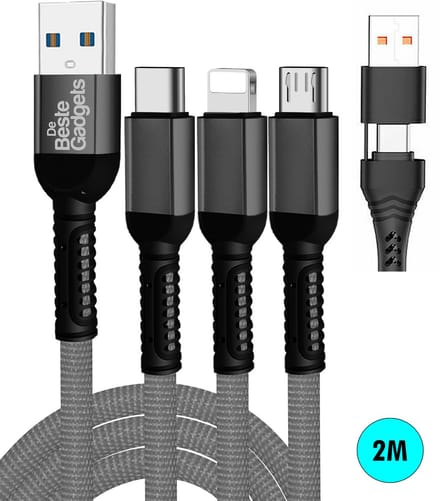 De Beste Gadgets Oplaadkabel 3 in 1 Grijs - Lightning/USB-C/MicroUSB 2.0m - Geschikt voor iPhone, iPad en Android apparaten - Extra USB-C naar USB-A Adapter op connector