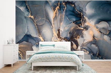 Behang - Fotobehang Marmer - Grijs - Blauw - Luxe - Goud - Breedte 295 cm x hoogte 220 cm