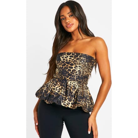 boohoo Dames Geweven Puffball Luipaard Peplum Top | Luipaardprint | Maat: 38