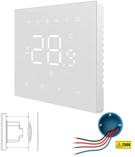Slimme thermostaat | Inbouw 4-draads voor vloerverwarming | WiFi Tuya Touchscreen | 16A | 0-40°C | Wit