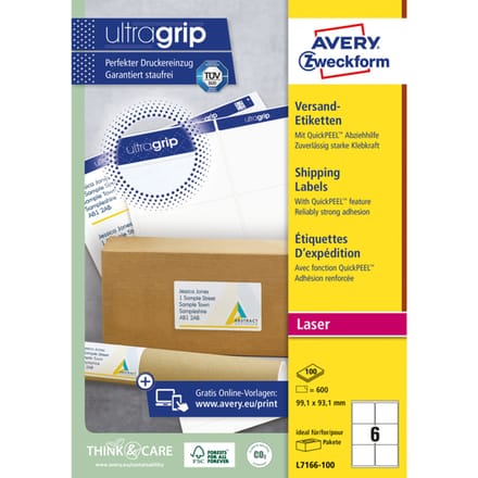 Avery Witte laseretiketten QuickPeel  doos van 100 blad formaat 991 x 931 mm (b x h) 600 stuks 6 per blad