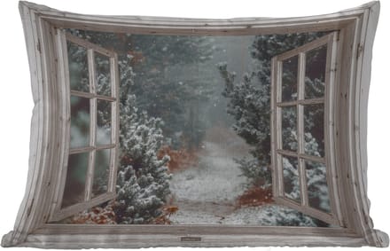 Buitenkussens - Bos - Winter - Bomen - Natuur - Pad - Doorkijk - Wit - 60x40 cm - Weerbestendig
