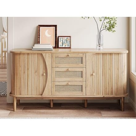 ModernLuxe Buffet 140,5×40×76 cm - 3 rotan laden - 2 schuifdeuren - verstelbare planken - naturel