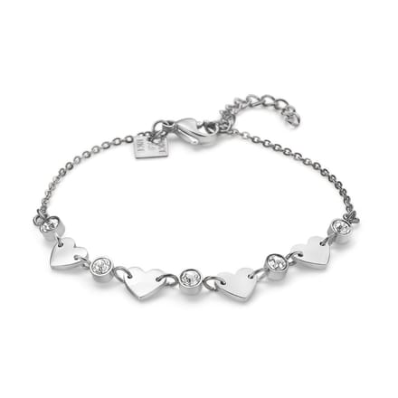 Twice As Nice Armband in edelstaal, 4 hartjes, 5 kristallen 16cm
