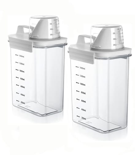 Dailygoods- Waspoederbox 1800 ml - Wasmiddel Bewaarbox - Waspoeder Opbergdoos - Transparant - 2 Stuks - Met Maatbeker - Wasmiddelcontainer