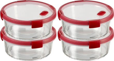 Curver Smart Cook Vershouddoos - Glas met deksel - Rond - Set van 4 x 1,2L - Rood/Transparant