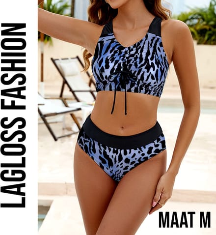 LaGloss® Bikini Set Blauwe Luipaardprint – 2-Delige Damesbadmode met Hoog Elastisch Comfort – Maat M