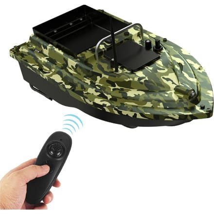 Bateau d'appât de pêche télécommandé sans fil, dispositif de recherche de poissons, mangeoire de pêche, télécommande de 430 à 540 yards 5200mAh camouflage