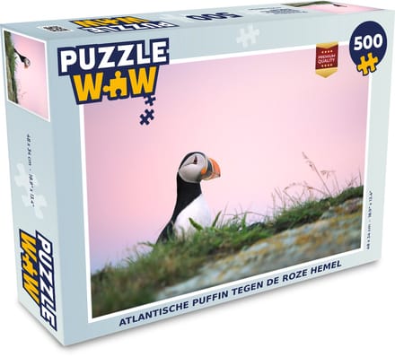 Puzzel Atlantische puffin tegen de roze hemel - Legpuzzel - Puzzel 500 stukjes