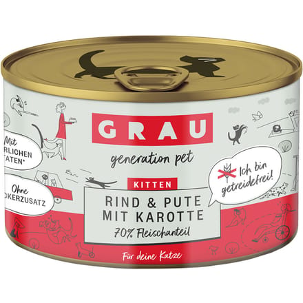 6x200g Kitten Rund/Kalkoen/Wortel Bliksmulpotjes Grau Kattenvoer