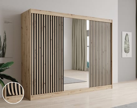 Meubella - Kledingkast Lisbon 2 - Eiken - 250 cm - Met spiegel