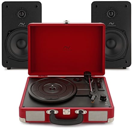 AVCOM Suitcase Turntable with Active Speakers, Red & Black