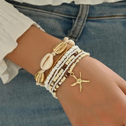 Sorprese Armband - Starfish - Wit - Armband Dames - 7-Delig - Schelpjes - Elastisch - Model J