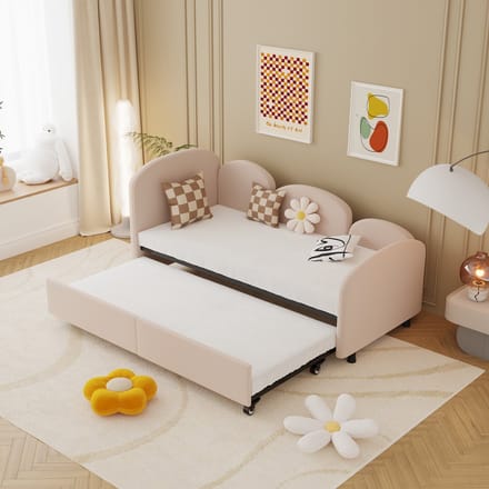 MODFU Ledikant 90x200 cm – Metaal en fluweel – Roze – Bloemvormig met opberglade