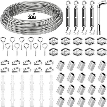 30 Meter RVS Staalkabel 3mm met Oogringen, Spanner en Klemmen - Sterk en Weerbestendig