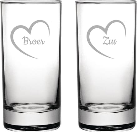 Gegraveerde longdrinkglas 28,5cl Broer met hartje & Zus met hartje