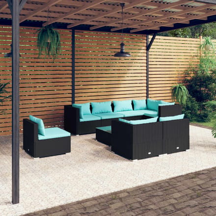 vidaXL - 9-delige - Loungeset - met - kussens - poly - rattan - zwart