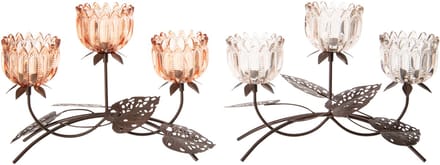 J-Line theelichthouder Bloem - ijzer/glas - lichtroze/oranje - large - set van 2