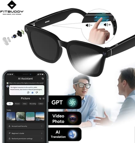 Fitbuddy AI Smart Glasses – Slimme Bluetooth Zonnebril met AI Beeldherkenning, Vertaalfunctie, Speakers & Microfoon – Touchbediening – iOS/Android – Zwart