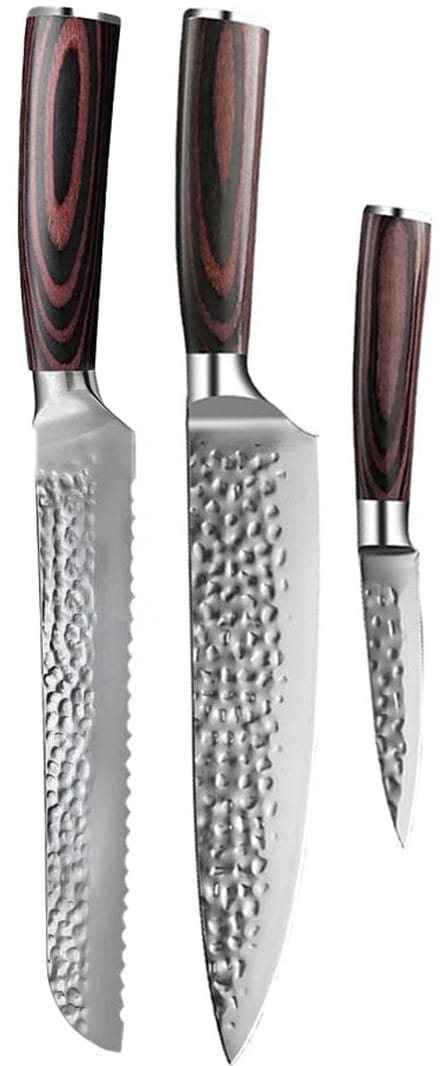 Shinrai Knives - Hammered RVS 3-delige Messenset - Koksmes + Broodmes + Schilmes