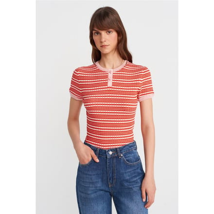 Gestreepte Ribgebreide Blouse met Knopen aan de Voorkant