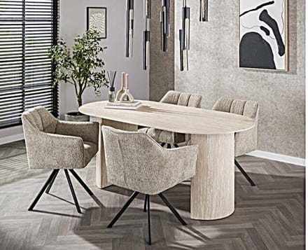 Meubelplaats Arch - Ovale eettafel 180x90 cm - 3D Keramiek met travertin look - Beige - Japandi