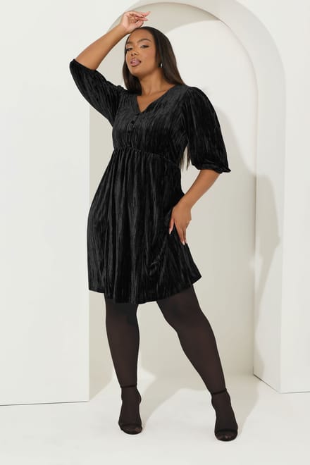 Yours Zwarte Gekreukte Velours Minijurk Size 54-56