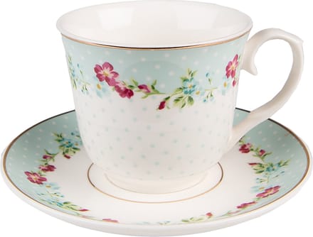 Clayre & Eef Kop en Schotel 250 ml Wit Groen Porselein Bloemen