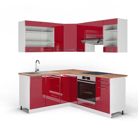 Vicco Hoekkeuken Fame-Line, Bordeauxrode hoogglans/Wit, 190 x 160 cm, WB Eik