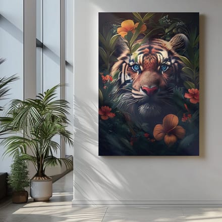 Canvas Schilderij - Dieren - Tijger Tussen Bloemen - 150x100x2 cm