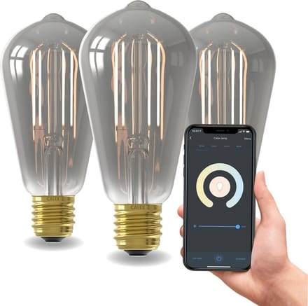 Calex Slimme Lamp - Wifi LED Filament Verlichting - Set van 3 Stuks - E27 - Rustiek Smart Bulb Titanium - Dimbaar - Warm Wit licht - 7W
