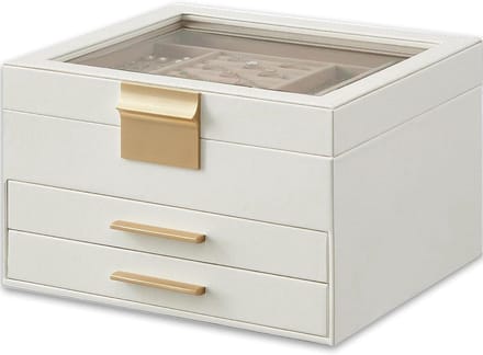 Sieradendoos Organizer - Juwelendoos Opslag - Sieraden Presenteren - Glazen Deksel - 3 Lagen Laden - Wit