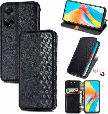 Luxe PU Lederen Ruitpatroon Wallet Case + PMMA Screenprotector voor OPPO A98 5G _ Zwart