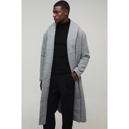 Oversized Single Breasted Shawl Collar Self Belted Longline Boucle Overcoat | Grey | Size Small