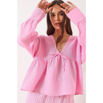 Gestructureerde V-hals Cropped Blouse met Strik