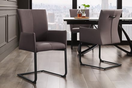 Moderne sledestoel SAMSON taupe grijs echt leer met armleuningen en metalen frame - 45175