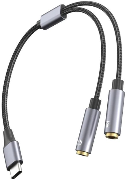 DrPhone AudioLink CX2 USB-C DAC Headset Splitter naar 2× 3,5mm – Audio & Microfoon Y-Adapter – 0,25m – Compatibel met Smartphone, Laptop & Tablet