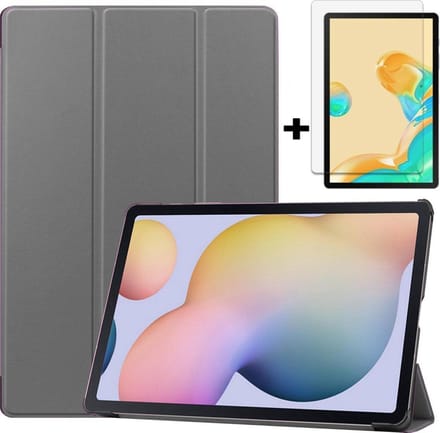 HB Hoes Geschikt voor Samsung Galaxy Tab S7 Grijs & Screenprotector - Trifold Tablet Case & Glazen Screenprotector