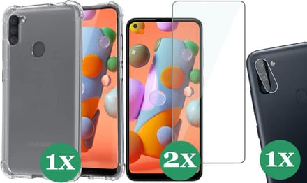 Hoesje geschikt voor Samsung Galaxy M11 - 2x Screenprotector Glas & 1x Camera Screen Protector - Transparant Shock Case