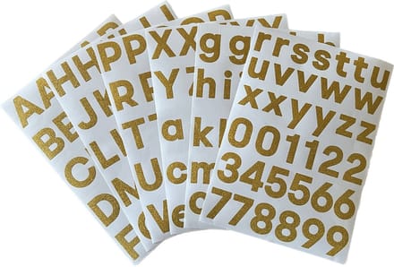 plakletters glitter goud | alfabet stickers | met cijfers | hoogte 4 cm