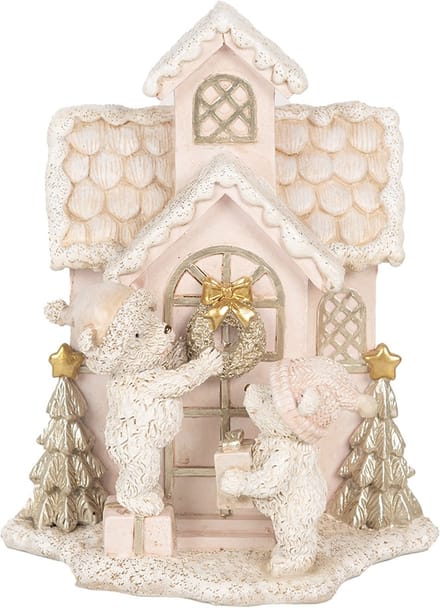 Clayre & Eef Decoratie Huis met LED 15x10x18 cm Roze Polyresin Beer