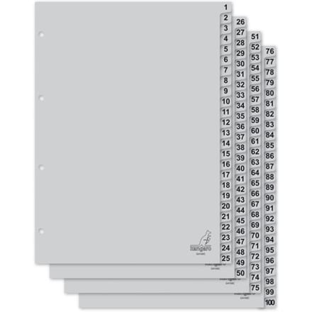 Kangaro A4 Tabbladen met Cijfers, PP 120 Micron, Grijs, 4-gaats, 100-delig