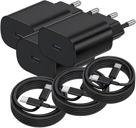 USB C Snellader 25W + USB-C Kabel 2M - 3 Pack - Oplader - USB-C Lader - Zwart