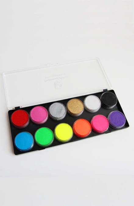 Professioneel schmink palet neon UV fluor en basiskleuren - 12 x 10 gr. - facepaint blacklight fluo schminkpalet fluoriserend